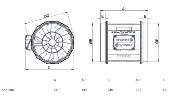 Prio Ø200 AC Kanlvifte systemair målskisse